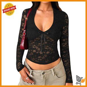 Long Sleeve Lace Crop Top V Neck Mesh Y2K Going Out Shirt